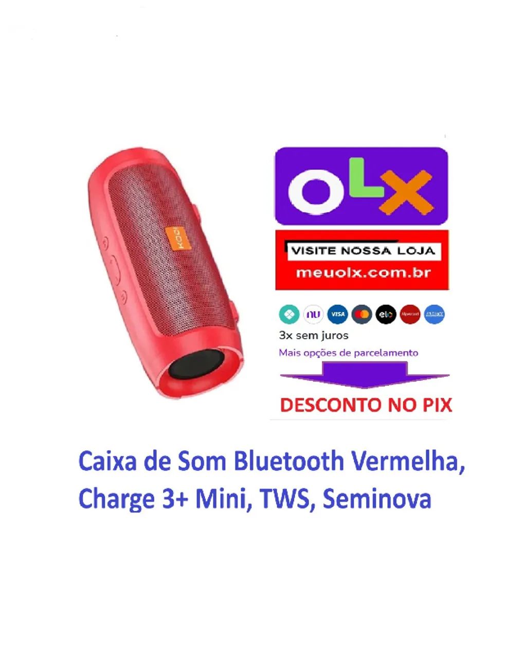 Caixa de Som Bluetooth Vermelha, Charge 3+ Mini, TWS, Seminova