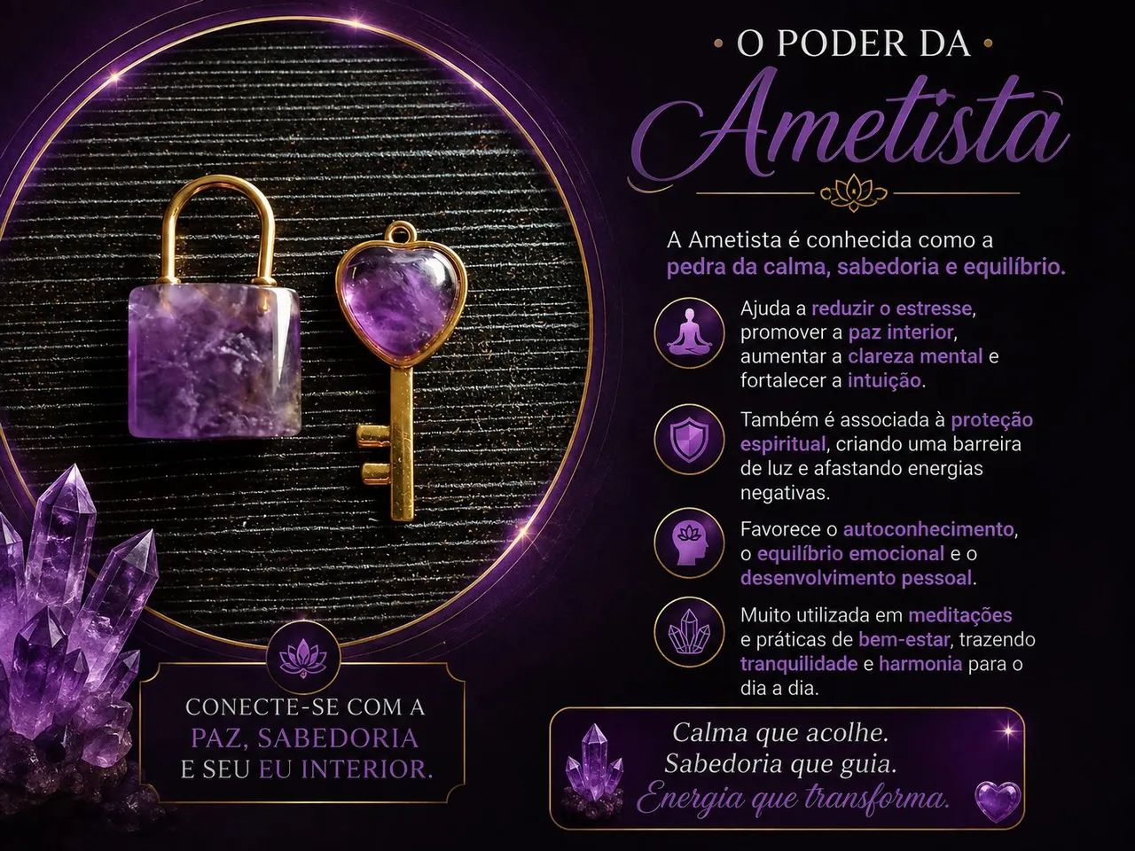 Pingente Cadeado e Chave com Ametista Natural | Amuleto de Proteção e Equilíbrio - Foto 3