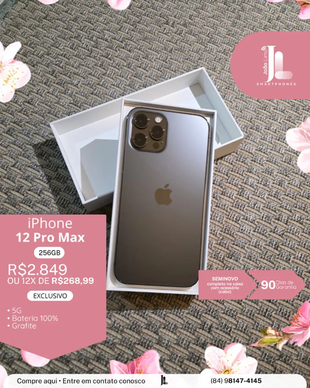 IPHONE 12 PRO MAX, 256GB, GRAFITE, BAT 100%, SEMINOVO, EXCLUSIVO IPHONE 12 PRO MAX, 256GB, GRAFITE, BAT 100%, SEMINOVO, EXCLUSIVO