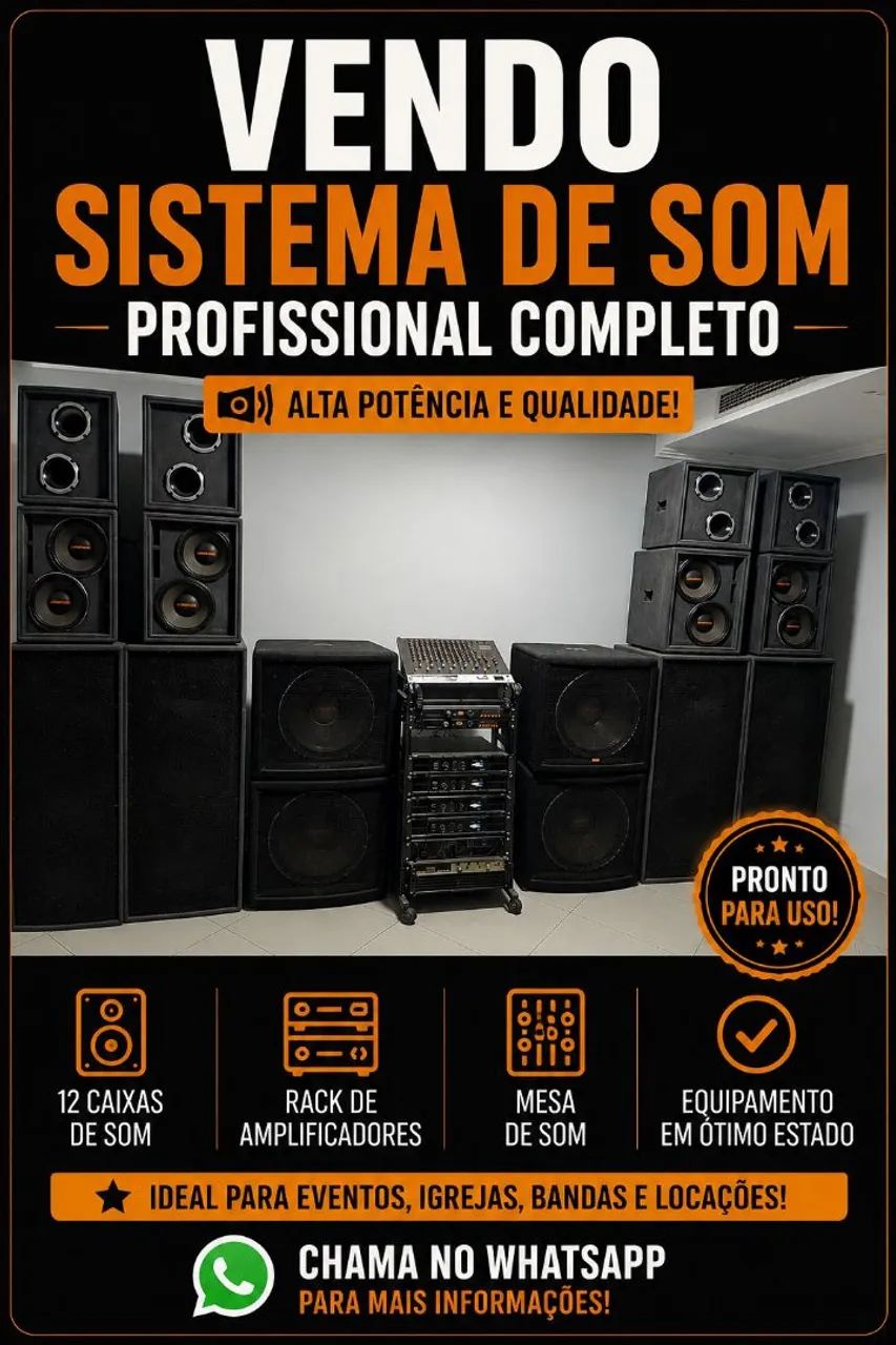 Sistema de Som Profissional Completo - Mesa de som e periféricos/ Rack+ Caixas de som