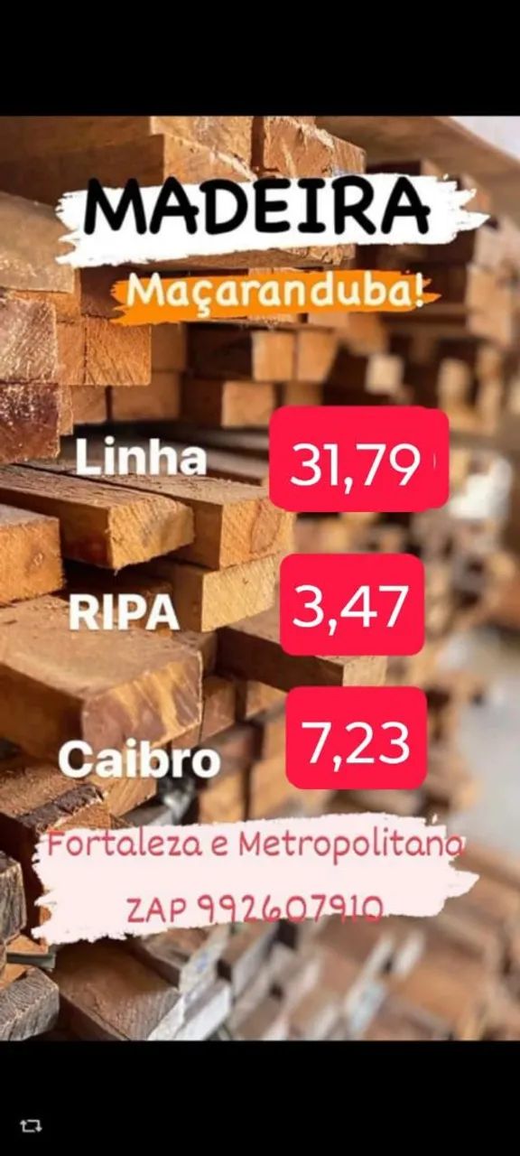 Massaranduba Caibros R$ 7,23 Linha 5 x 11 R$ 31,79 e Ripas R$ 3,47 Promoção
