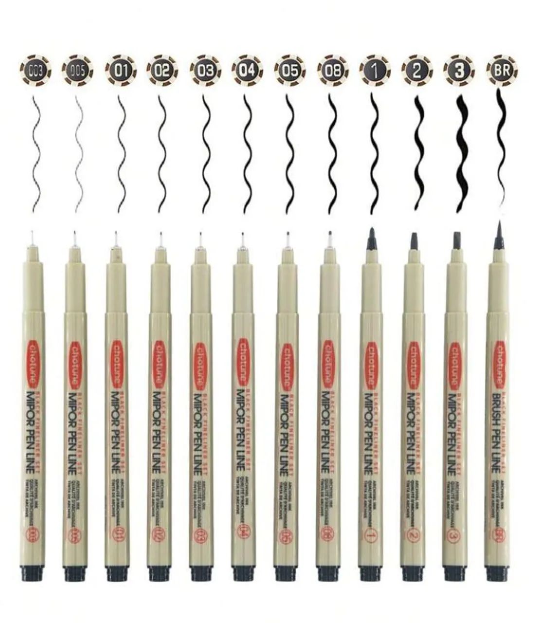 Conjunto 12 canetas técnicas Chotune Mipor Pen Line Black Fineliear Set. - Foto 3