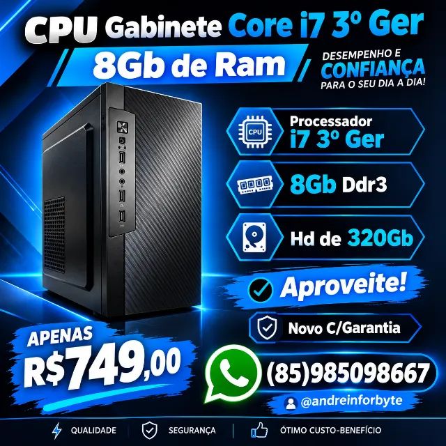 CPU Gabinete Core i7 3º Ger 8Gb de Ram