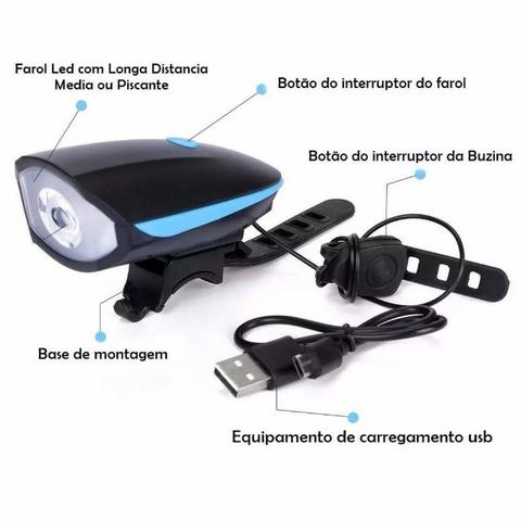 Farol Led Bike Com Buzina Recarregável Usb 1 Unidade