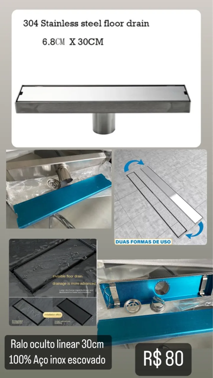 Ralo oculto linear 30cm 100% aço inox escovado
