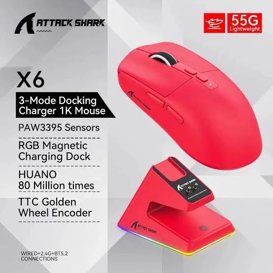 Mouse Shark X6 Sem Fio Com Dock Rgb Sensor Paw3395 Tri-mode Lacrado  - Foto 4