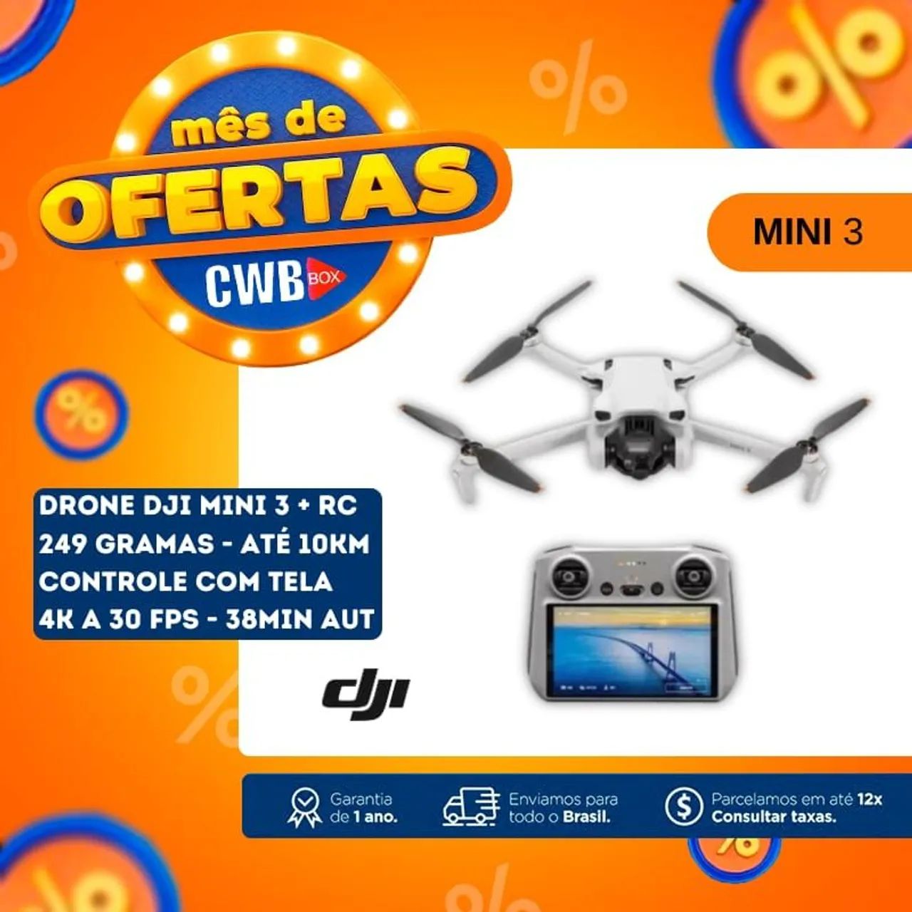 Drone DJI Mini 3 + RC c/ Tela 4K 31min 10Km Distância 