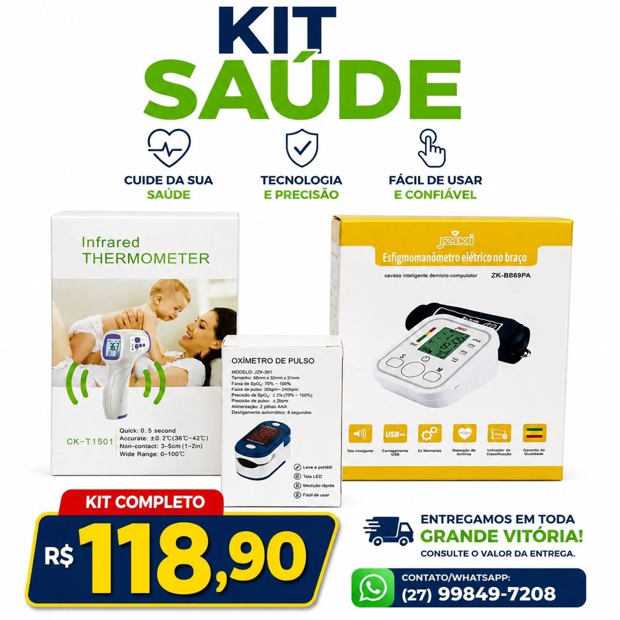 KIT SAUDE COM OXÍMETRO DE PULSO-ESFIGMOMANÔMETRO ELÉTRICO-TERMÔMETRO INFRAVERMELHO