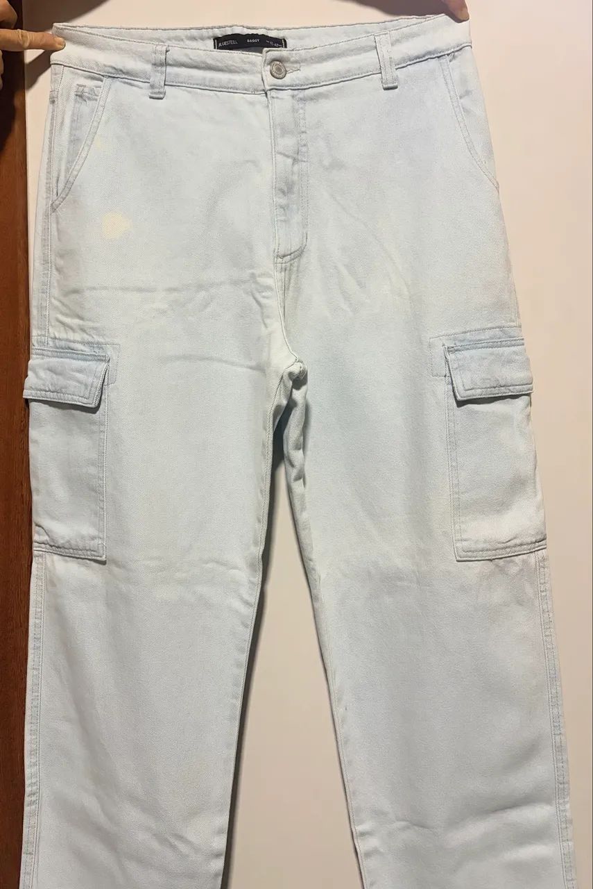 Calça jeans claro baggy cargo, tamanho 42