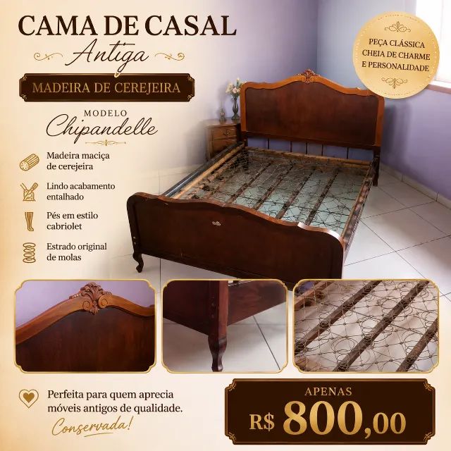 Cama vintage de madeira de cerejeira