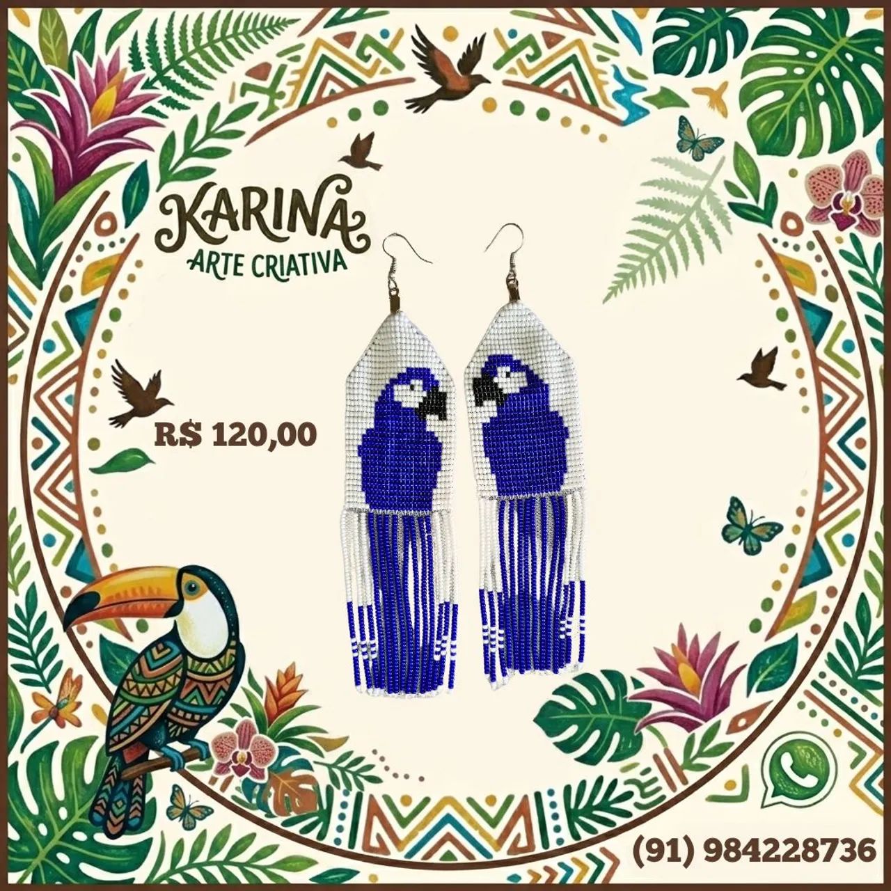 Brinco Artesanal de Miçanga Arara Azul 