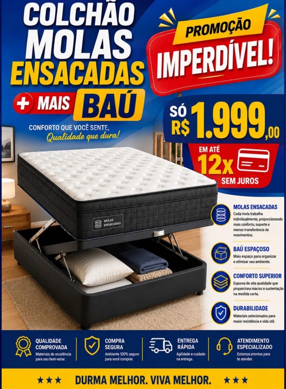 Colchão de molas ensacadas + baú blindado espaçoso