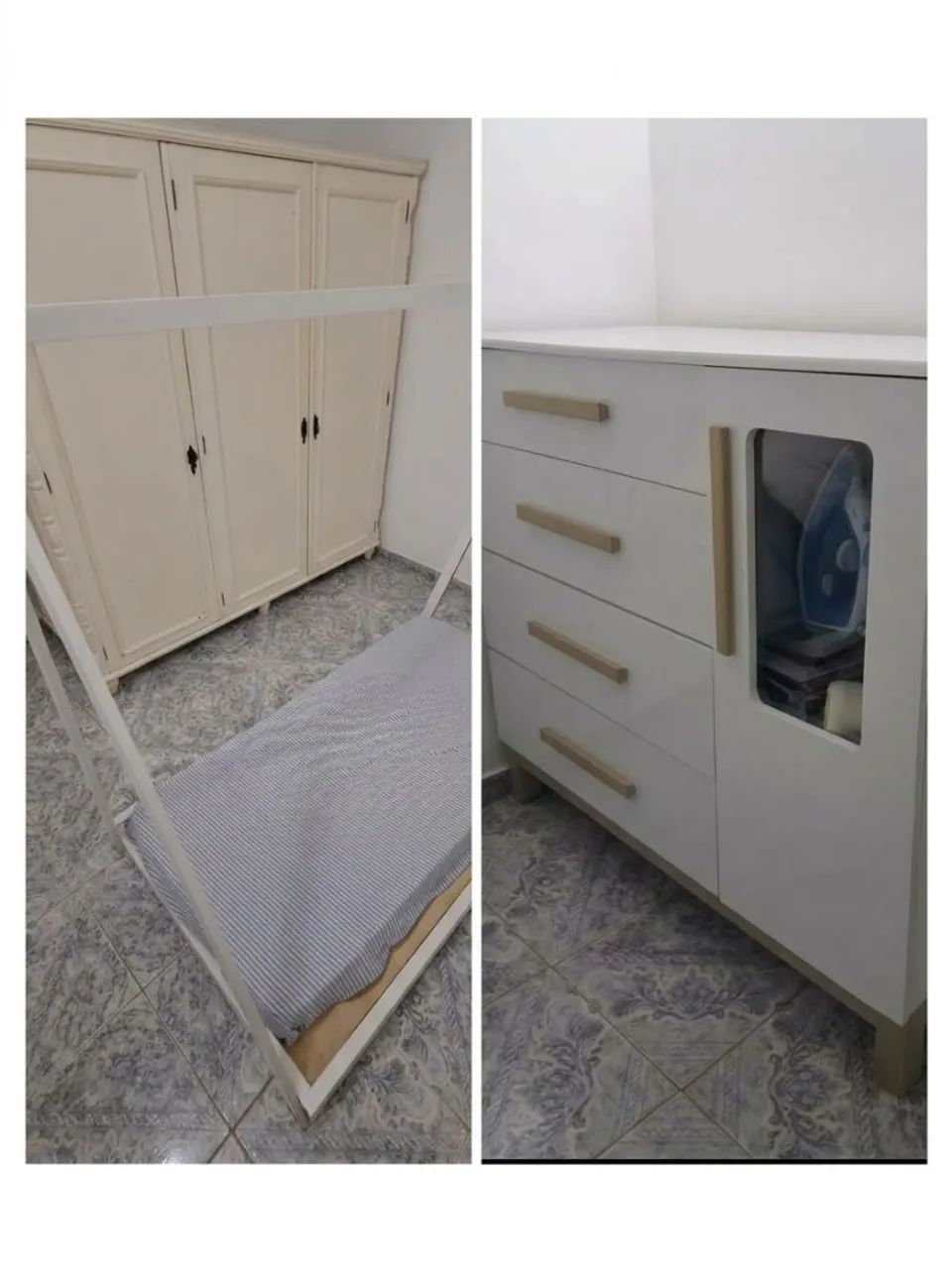 Cama montessoriana e cômoda infantil