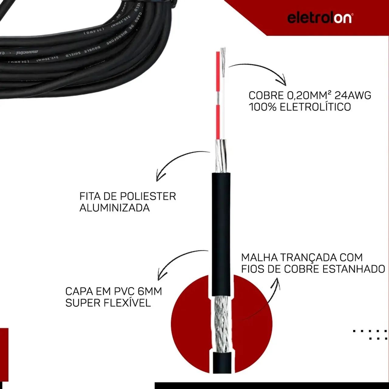 Cabo 5 metros P10 Macho para XLR Eletron - Foto 3
