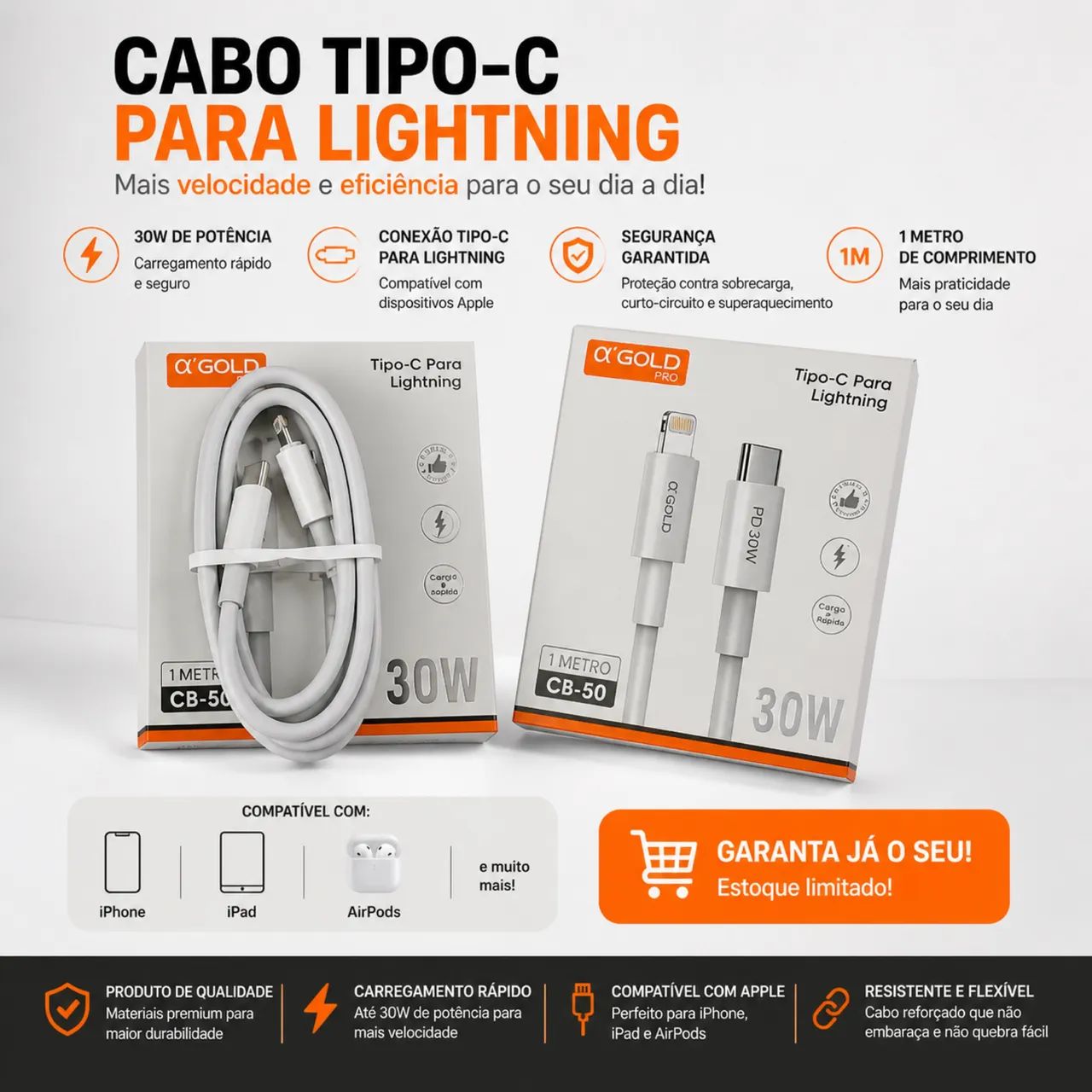 Excelente Cabo de 1 Metro Gold  C/ Lightning 