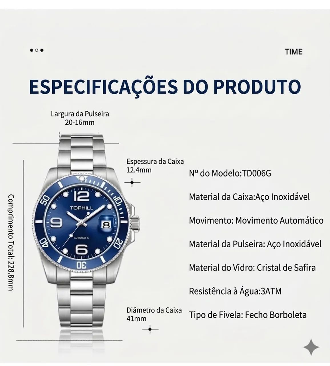 Relógio Automático Tophill TD006G azul  - Foto 2