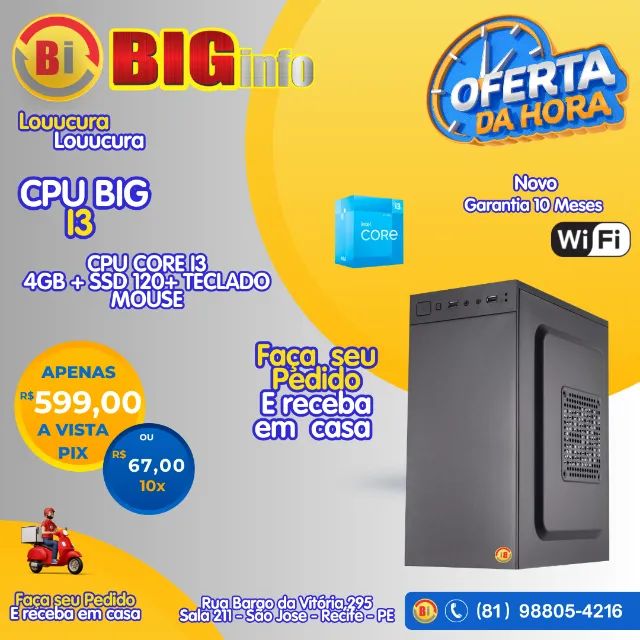 PC Home Big , Intel Core i3, 4GB DDR3, SSD 120GB - Em ate 10x Fixas 
