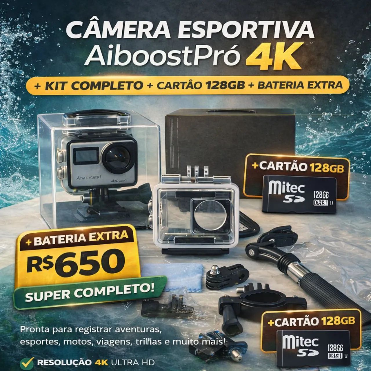 Câmera Esportiva AiboostPró 4K Wi-Fi + Kit Completo + 128GB + Bateria Extra