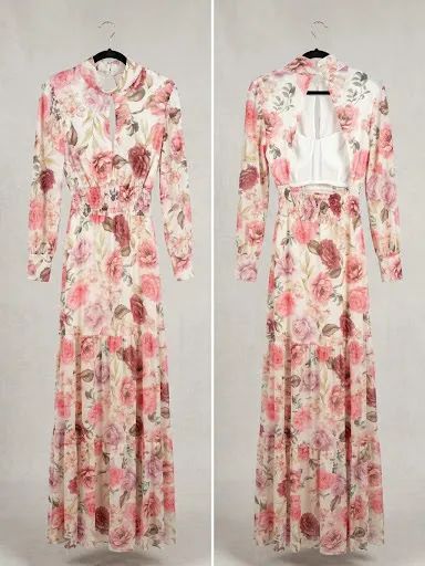 Vestido Longo em Tule Florido Rosado com fundo Branco 