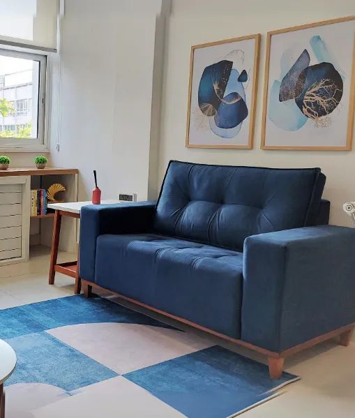 Sofá 2 Lugares Vitrola Suede Azul 123 cm