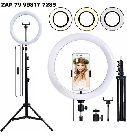Ring Light Completo 10 polegadas, 26cm + Tripé 2,10m +  Suporte Celular