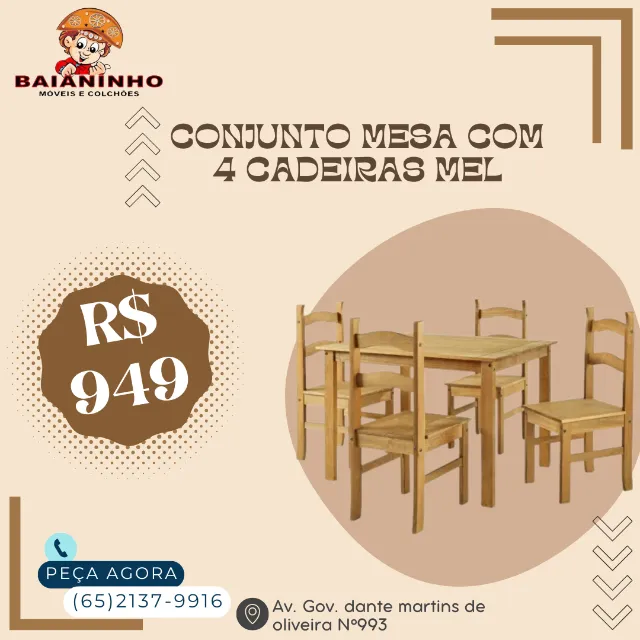 conjunto mesa com 4 cadeira mel