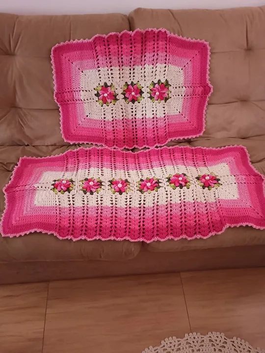 Jogo de capa de sofá em crochê, cor rosa