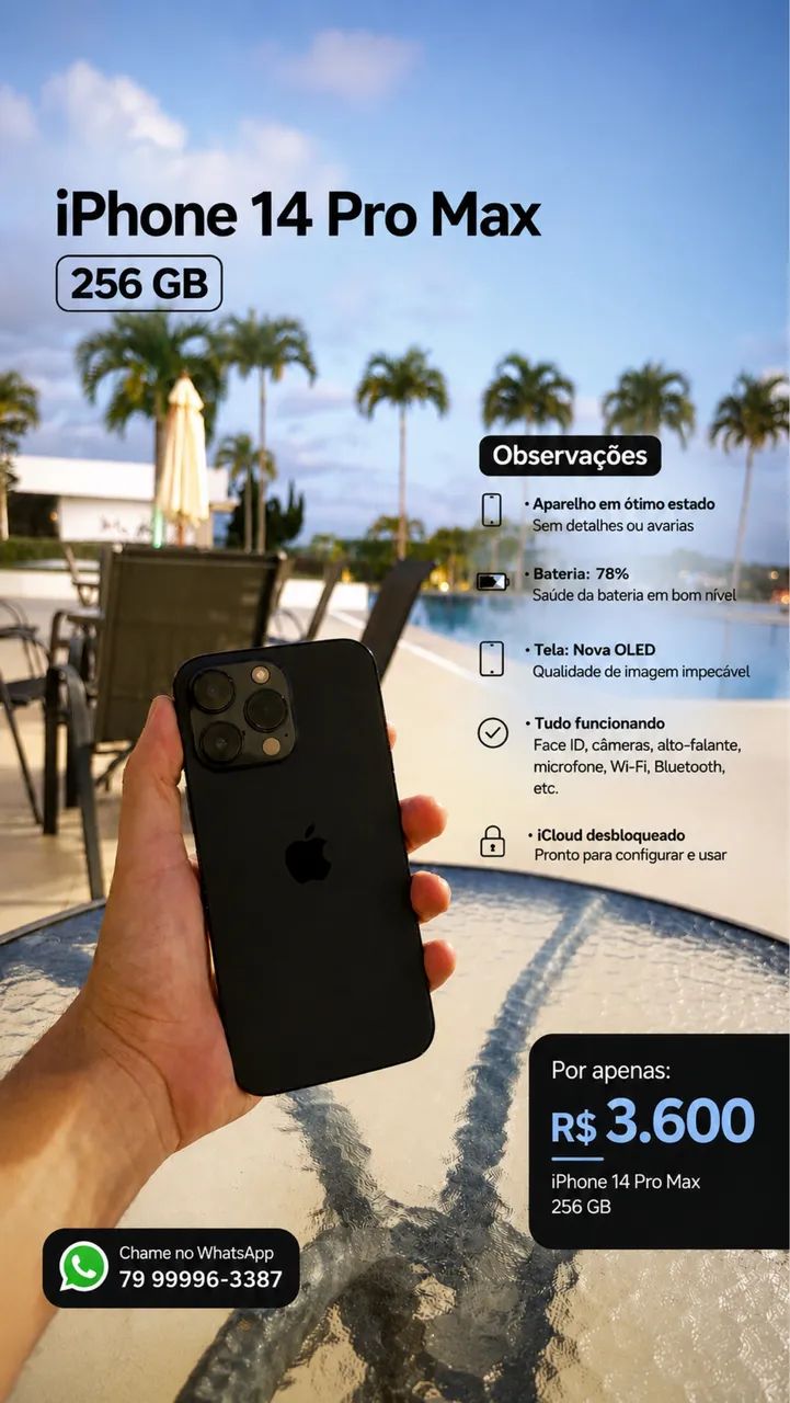 iPhone 14 Pro Max 256GB ? 78% bateria ? OLED nova ? R$3.600 ? *