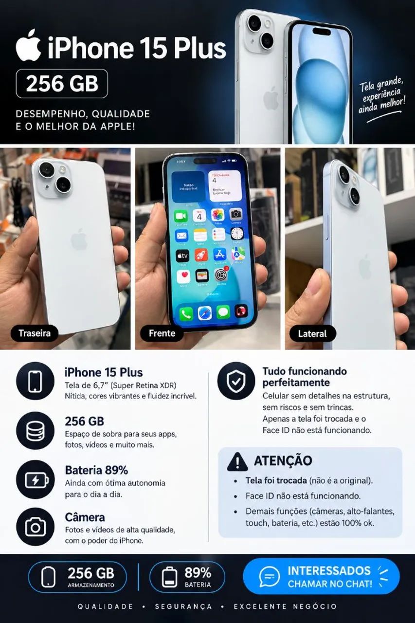 IPHONE 15 PLUS 256GB 89% BATERIA - Celulares e Smartphones
