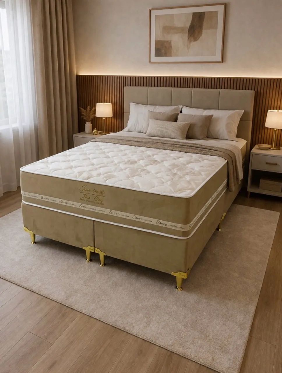 Cama Box Queen Jasmin Plus, base + colchão com molas ensacadas - Entrega imediata;