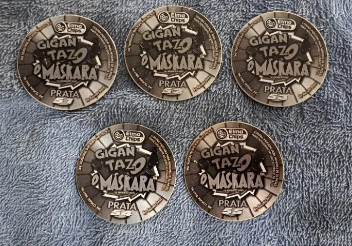 LOTE RARO COM 5 GIGAN TAZOS PRATA O MÁSKARA ELMA CHIPS Nº 51 AO 55 COMPLETO