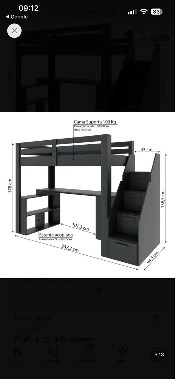 Cama Suspensa Preta com Escrivaninha e Gavetas - Foto 2