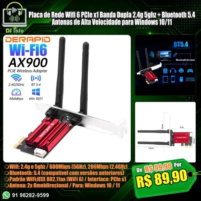 Placa de Rede Wifi 6 PCIe x1 Banda Dupla 2.4g 5ghz + Bluetooth 5.4