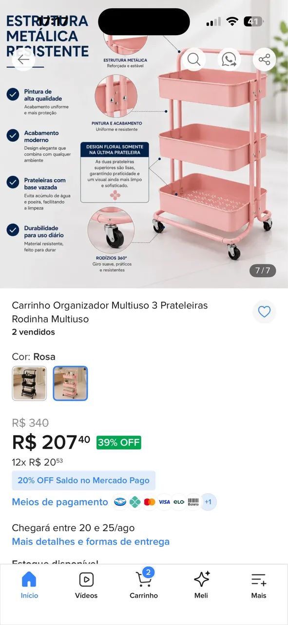 carrinho organizador cor de rosa  - Foto 4
