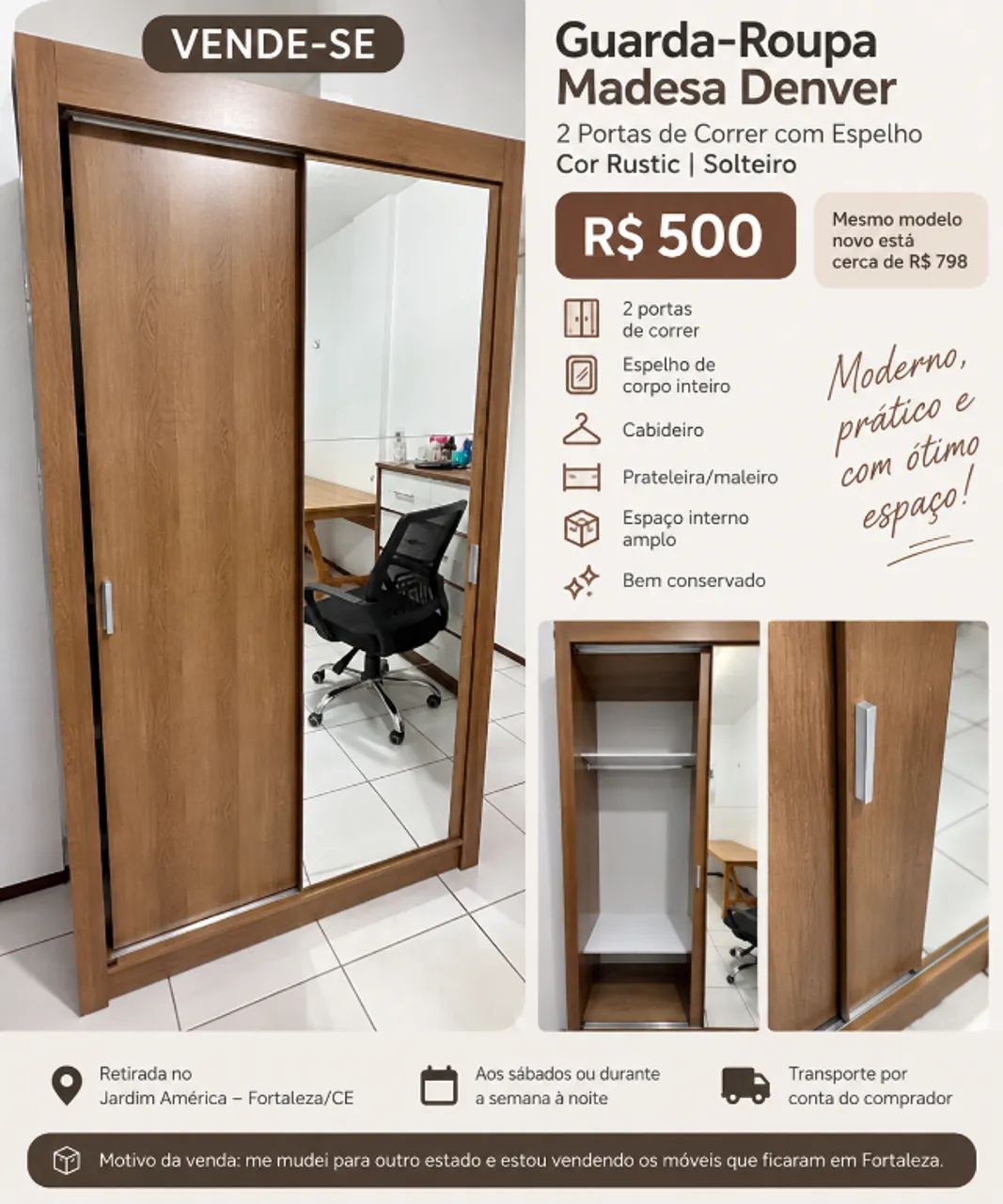 Guarda-Roupa Madesa Denver com Espelho - 2 Portas de Correr