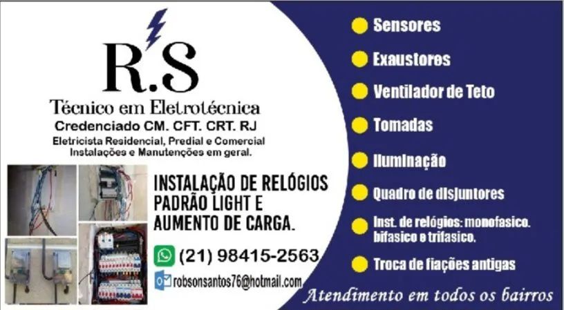 R.S.técnico Eletricista Residencial,  predial e comercial registrado no CREA. 