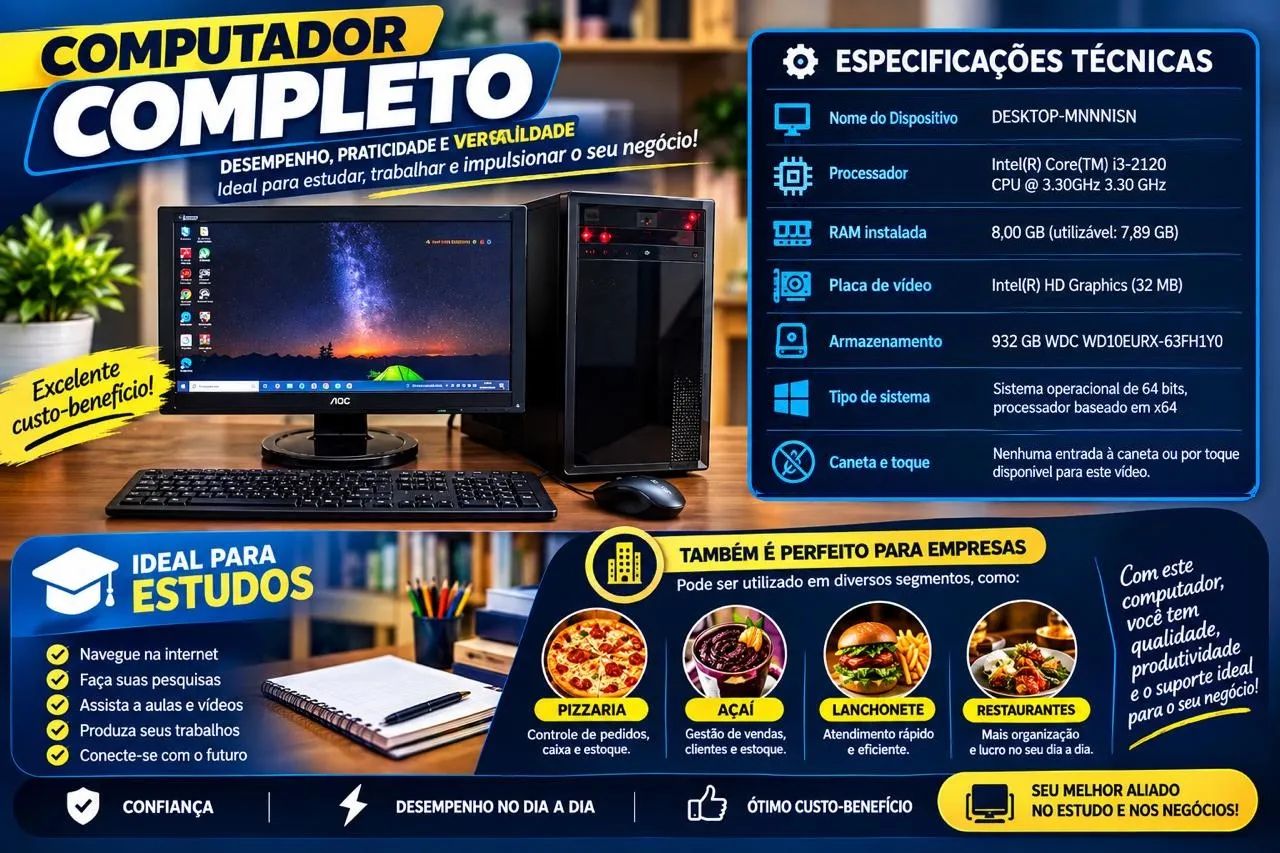 Computador Desktop Intel Core i3 | 8 GB de RAM | HD 1 TB | Windows 64 bits