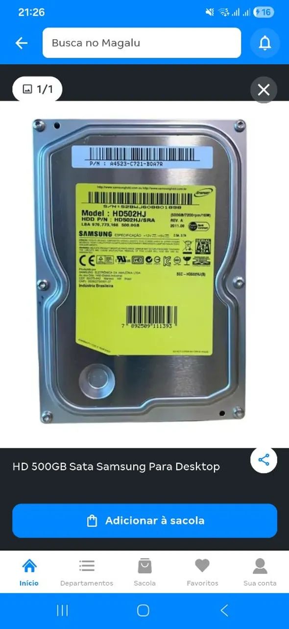 Hd Samsung 500gb sata para desktop