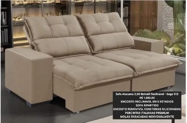 Sofa Atacama 2,00 Retratil Reclinavel - Bege 512