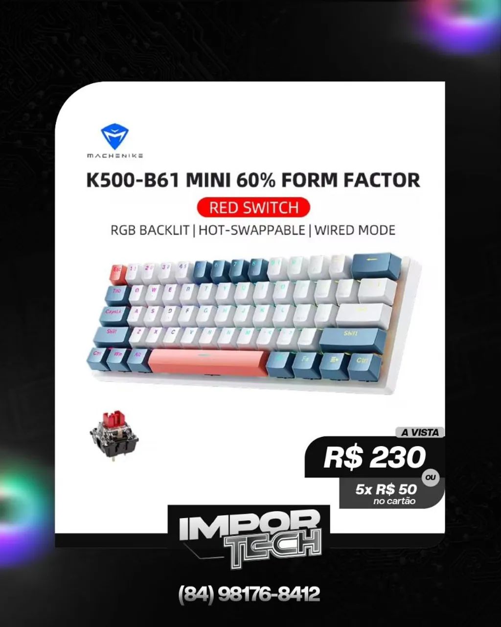 Teclado Machenike K500-B61 60% SWITCH RED. @importech_084