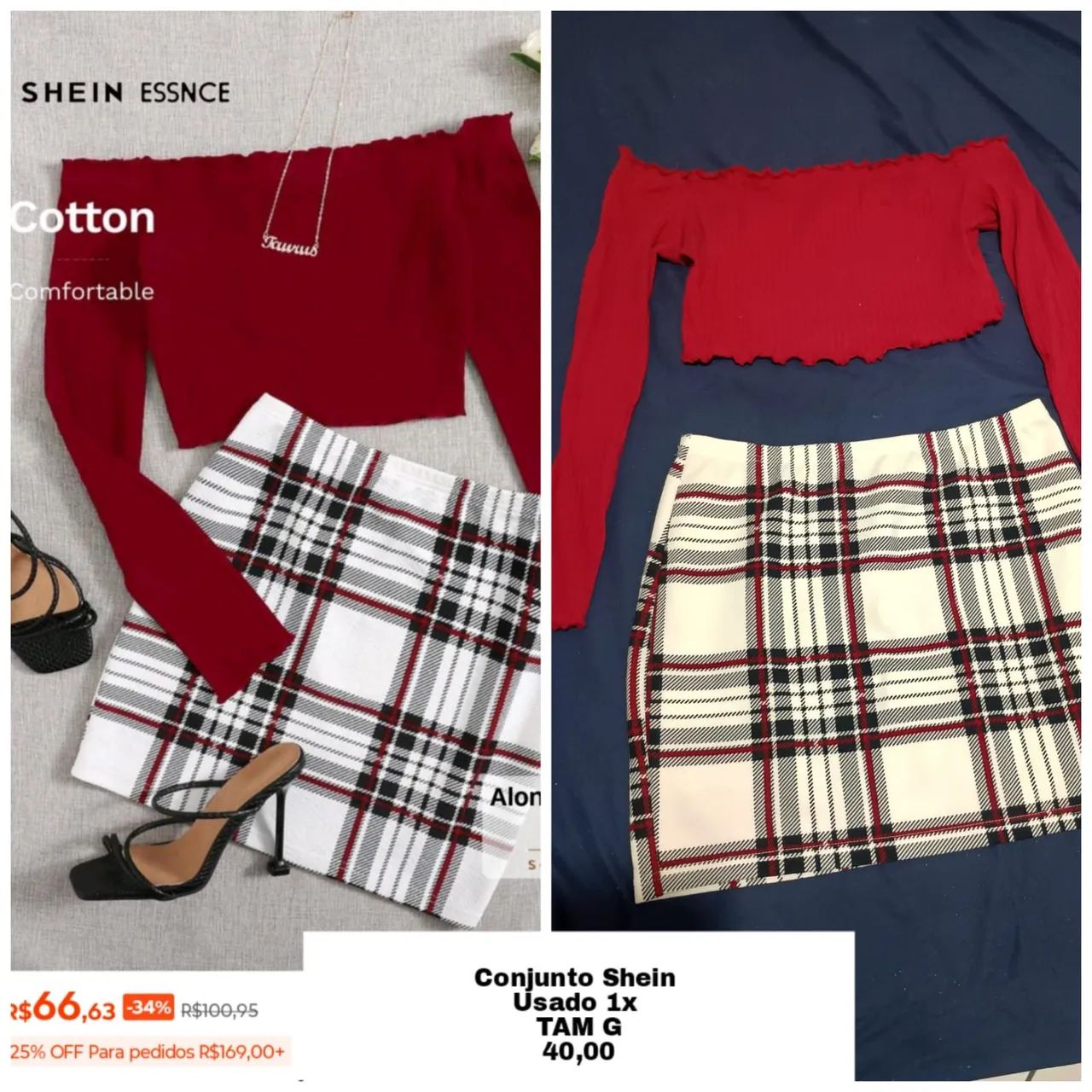 Conjunto saia xadrez e blusa shein