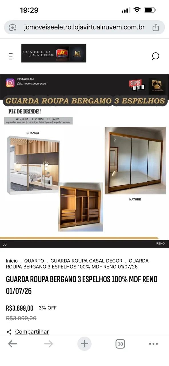 GUARDA ROUPA BERGAMO 3 ESPELHOS MDF - Foto 4