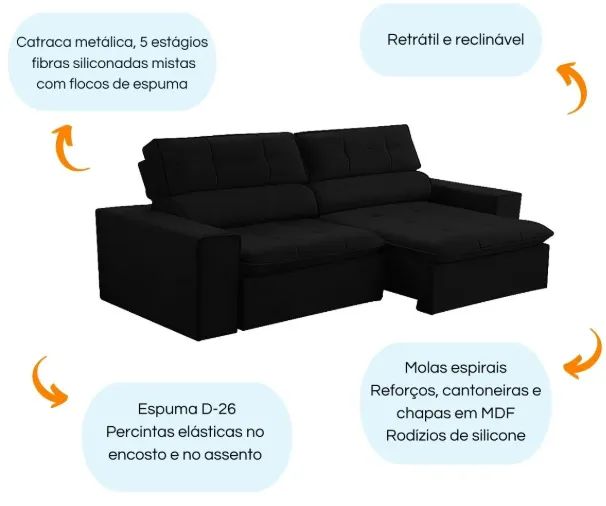 Sofá Retrátil e Reclinável 2 Lugares Preto  - Foto 4