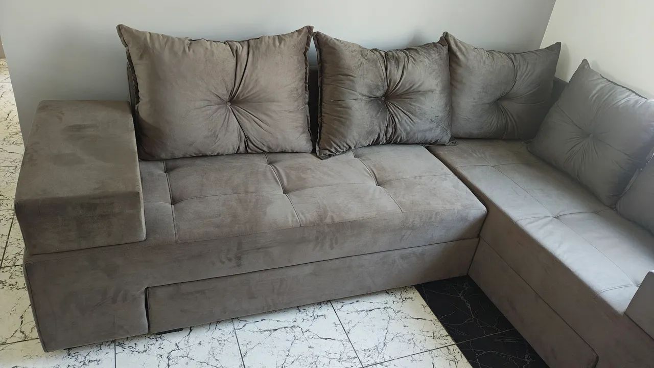 Sofá de Canto em L com Chaise - Bege/Marrom - Novo - Foto 3