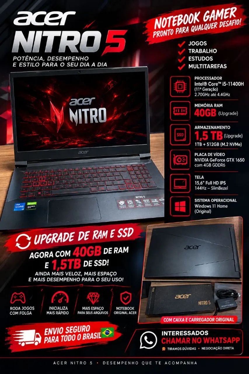 Notebook Gamer Nitro 5 com 40gb e 1.5 tera de ssd