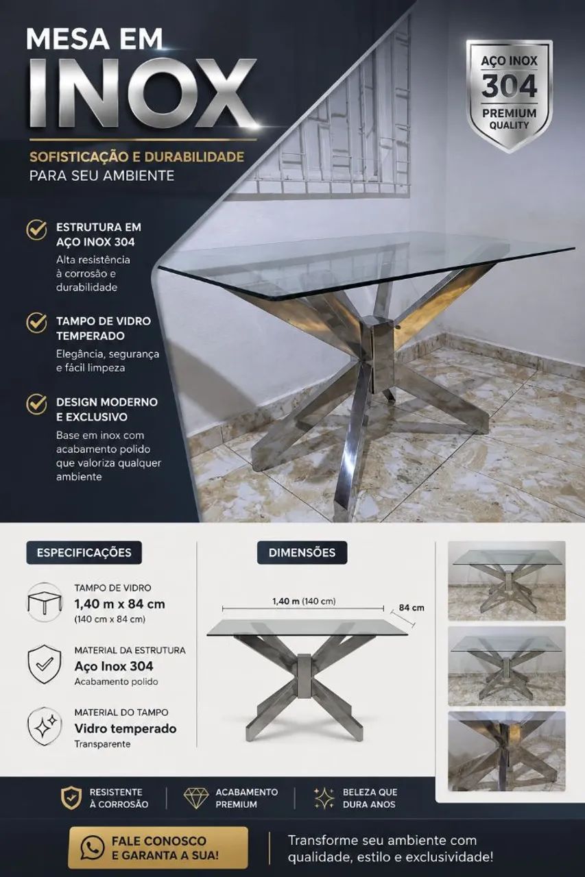 Mesa em inox para 6 cadeiras