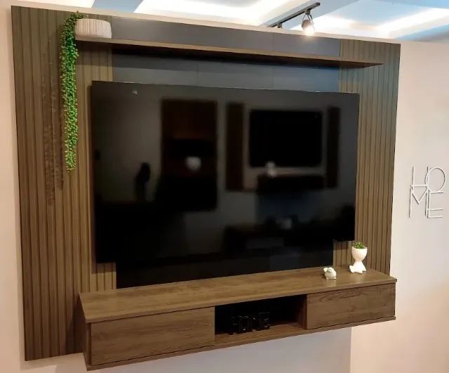 Painel TV até 75" com Rack e Prateleira Preto com Ripado 176cm  - Foto 2