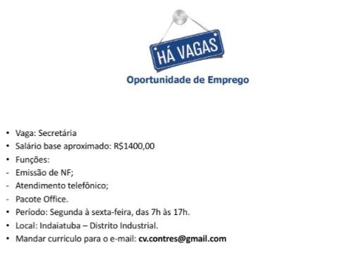 Vaga para secretária em Indaiatuba
