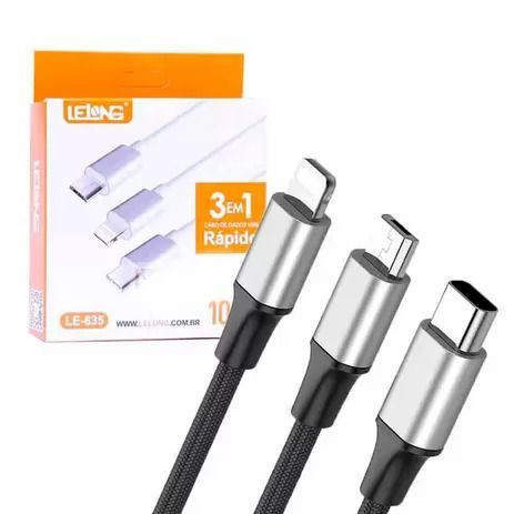 Cabo USB 3 em 1 para V8 Type C e iOS 1M Lelong - LE-835