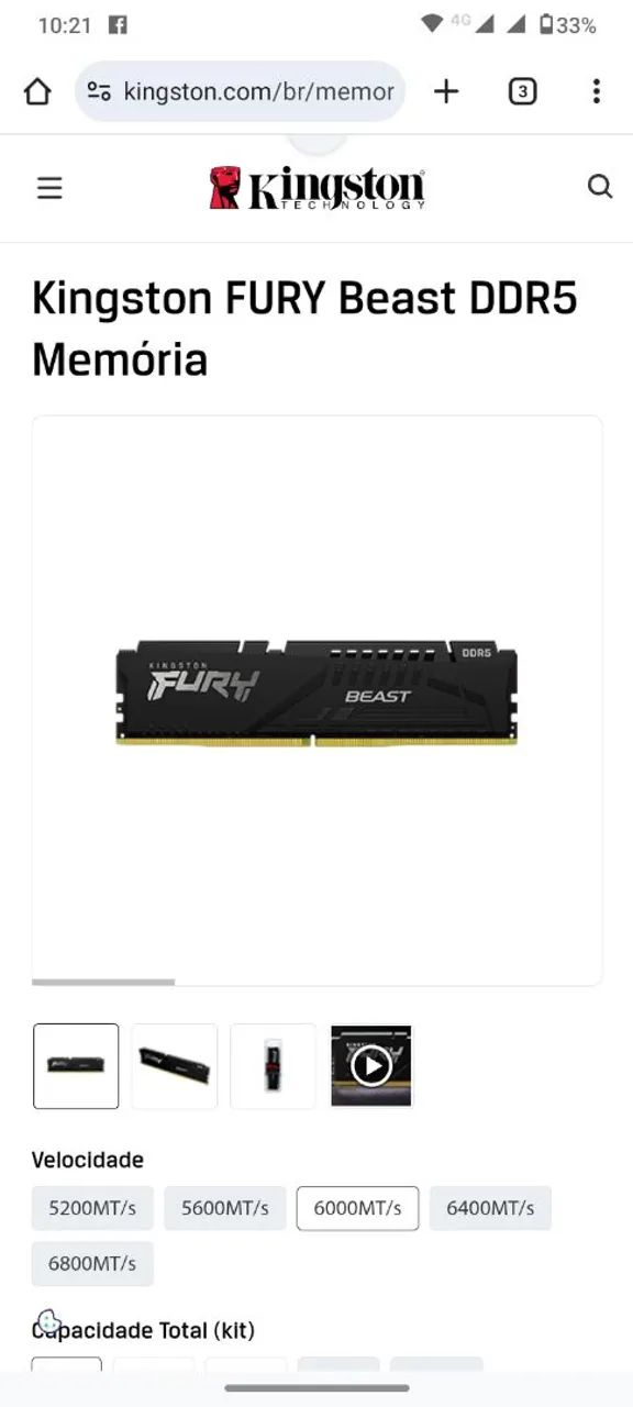 MEMÓRIA HYPER FURY BEAST 8GB DDR5 5200mt/s